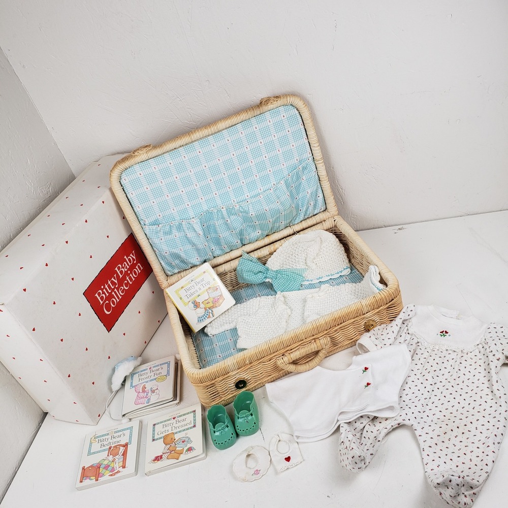 Vintage Pleasant Company American Girl Bitty Baby Wicker Suitcase Set + Extras
